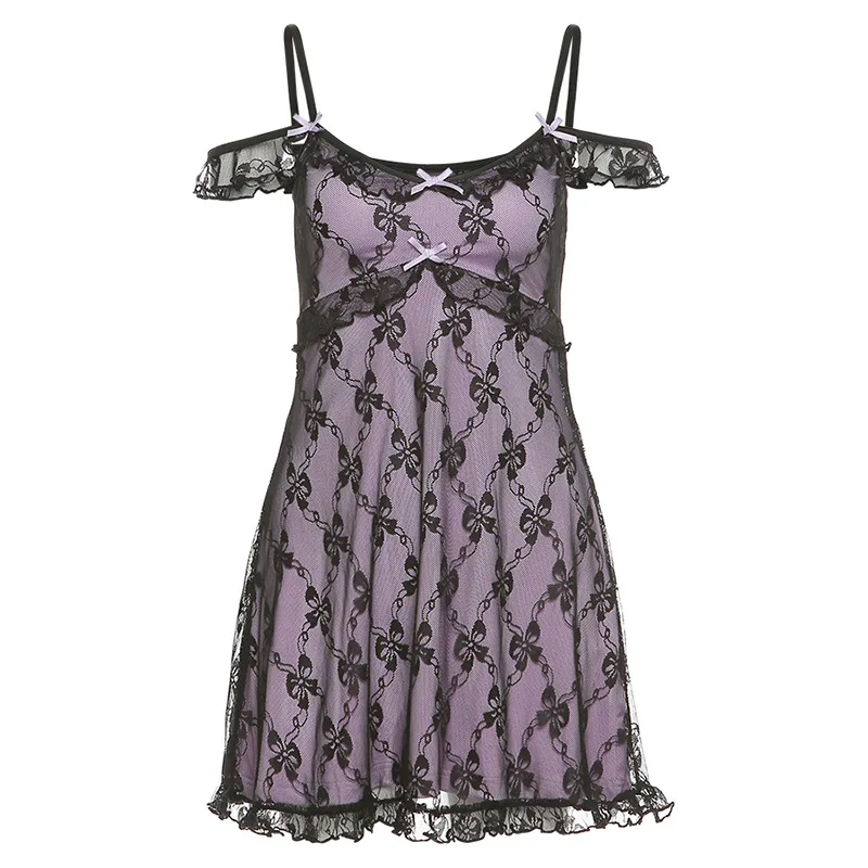 

Women Mini Dresses Backless Bow Vintage Sexy Fashion Spaghetti Strap Lace A-Line Vestidos V Collar Kawaii Dress Y2K 2021 New