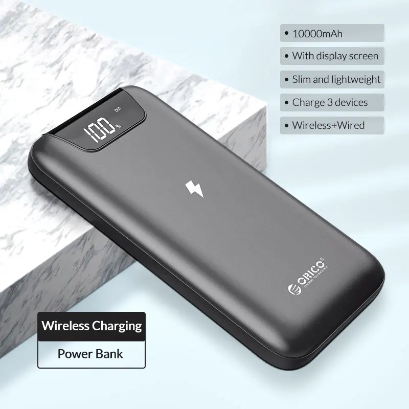 ORICO 10000 мАч Внешний аккумулятор, Беспроводная зарядка, двойной USB внешний аккумулятор с ЖК-дисплеем, внешняя батарея для iPhone, samsung, Xiaomi - Цвет: Серый