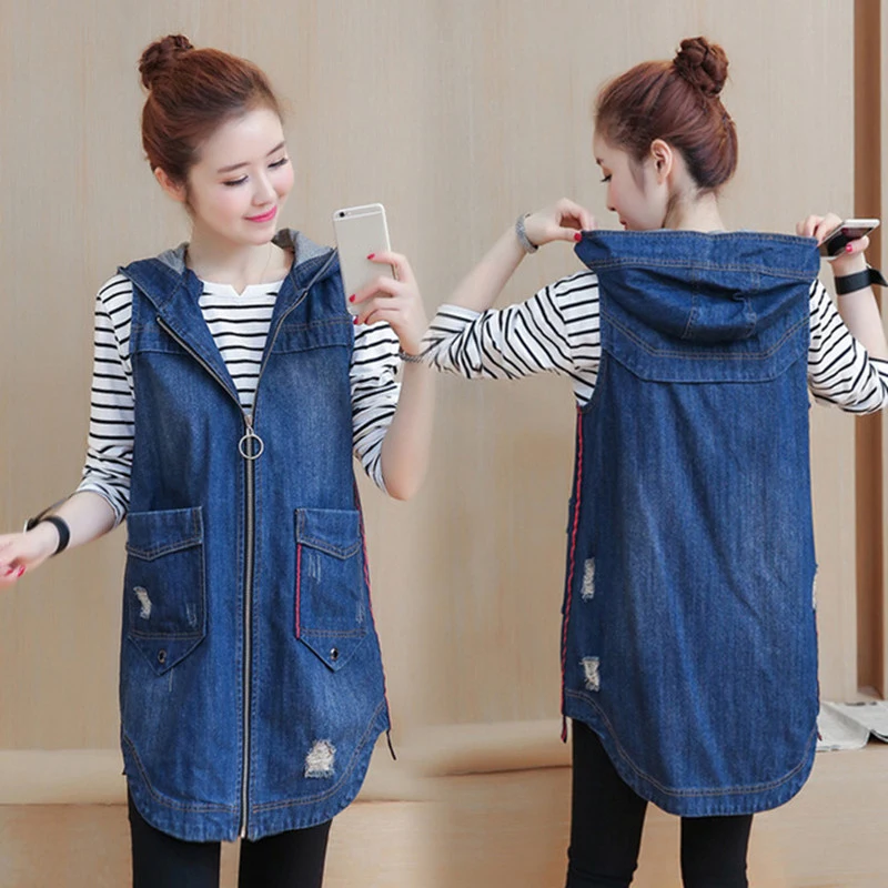 Женский джинсовый жилет с дырками Повседневная джинсовая куртка без рукавов