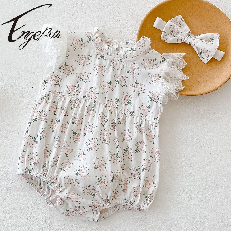 

Engepapa Korean Style Summer Baby Girl Bodysuits Infant Baby Girls Jumpsuit Cotton Flying Sleeve Flowers Baby Girls Clothes