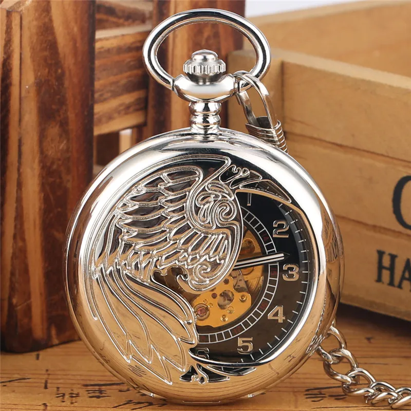 Retro Silver Hollow Phoenix Automatic Mechanical Self Wind Pocket Watch Arabic Number Dial Fob Pendant Chain Watches Clock Gift