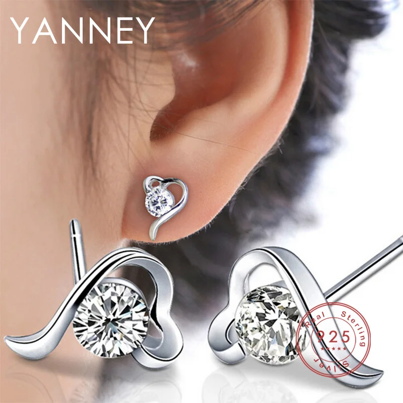 

YANNEY Silver Color Fine Shiny Round Zircon Heart Stud Earrings For Woman Fashion Wedding Party Jewelry Accessories