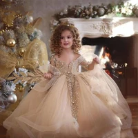 gorgeous gold long sleeves wedding flower girl dress girls princess new year party dresses with train