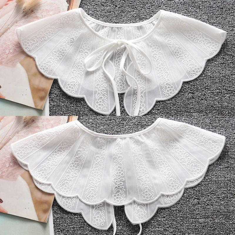 

Multifunctional False Fake Collar Shawl Wrap Pastoral Style Hollow Out Floral Lace Necklace Bowknot Pointed Lapel Blouse
