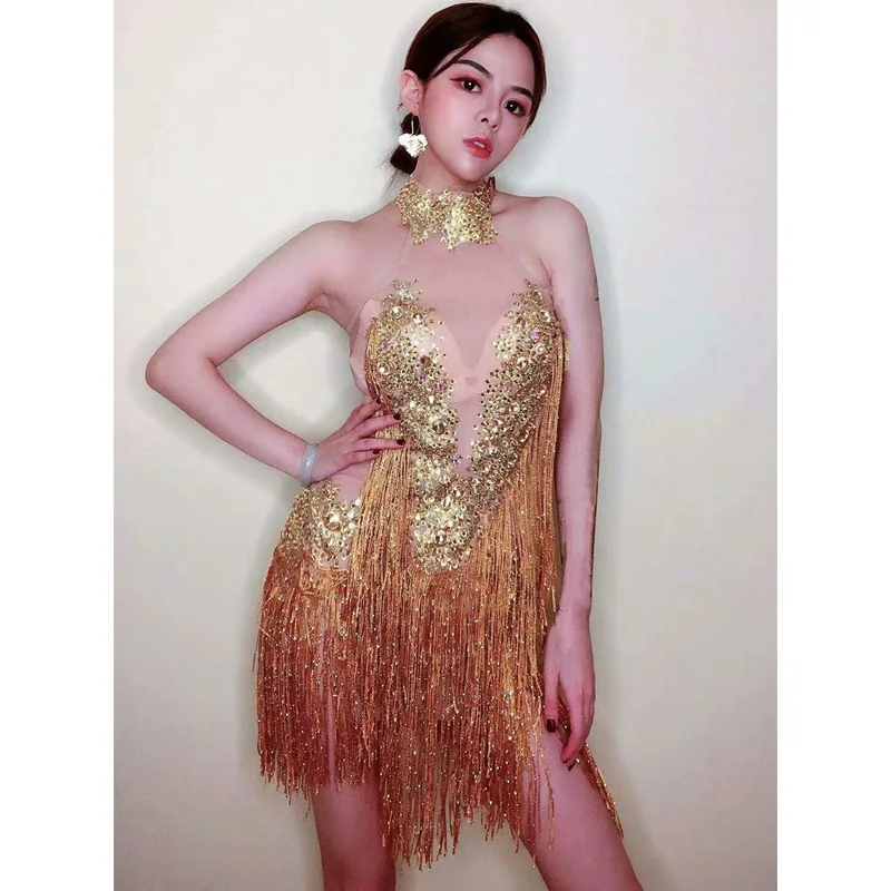 

Sparkly Gold Rhinestones Fringes Leotard Women Stage Show Performance Dance Wear Birthday Prom Nightclub Tassel Sexy Mesh Dress