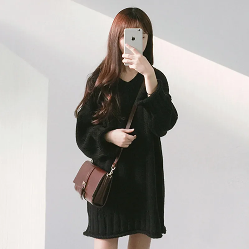 Мода 2019 женский осенне-зимний длинный свитер пуловеры платье повседневные