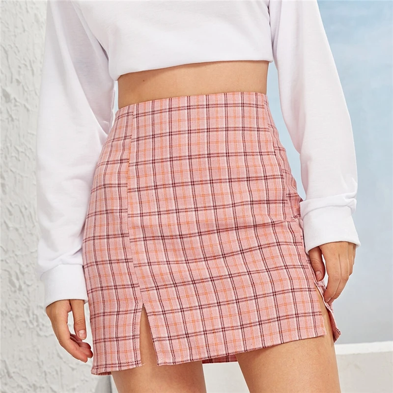 SHEIN клетчатая облегающая мини-юбка с Боковым Разрезом, Женская юбка, осень, уличная одежда, повседневная трапециевидная Базовая Женская облегающая юбка