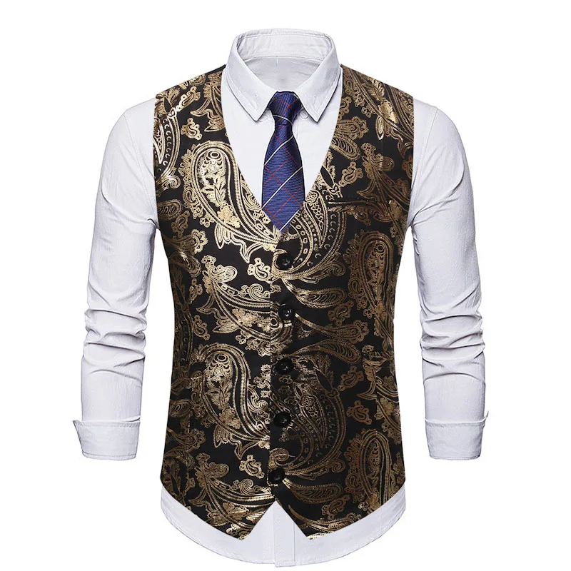 

Men Paisley Jacquard Vest Luxury Shiny Brozing Mens Suit Vest Nightclub Men Vest Waistcoat Business Wedding Stage Gilet Homme