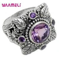 luxury purple crystal 925 sterling silver leave rings for women big cubic zirconia stone anel wedding finger jewelry accessorize