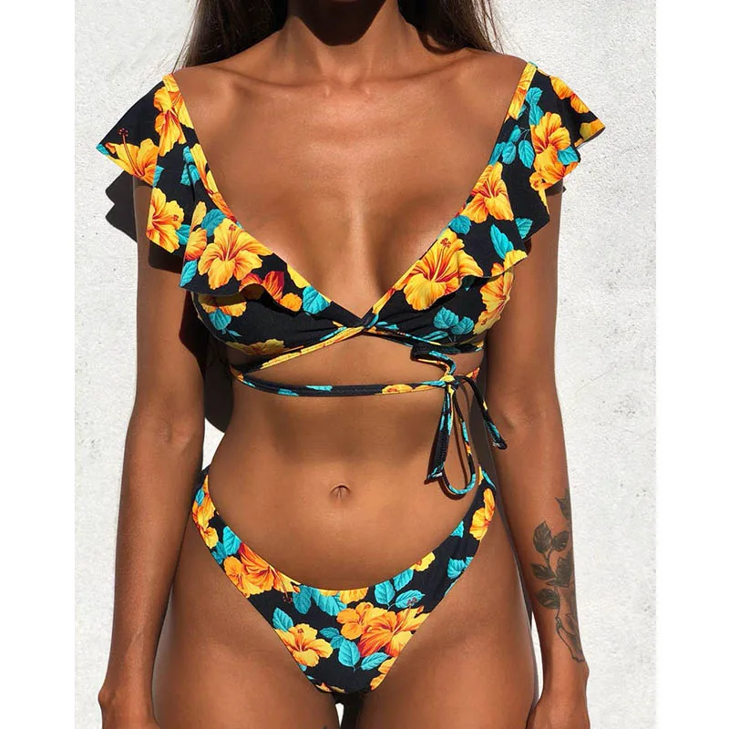 

Hot Sale Off The Shoulder Print Ruffled Bikini Mujer 2018 New Sexy Swimwear Women Swimsuit Brazilian Bikini Set Summer Biquinis