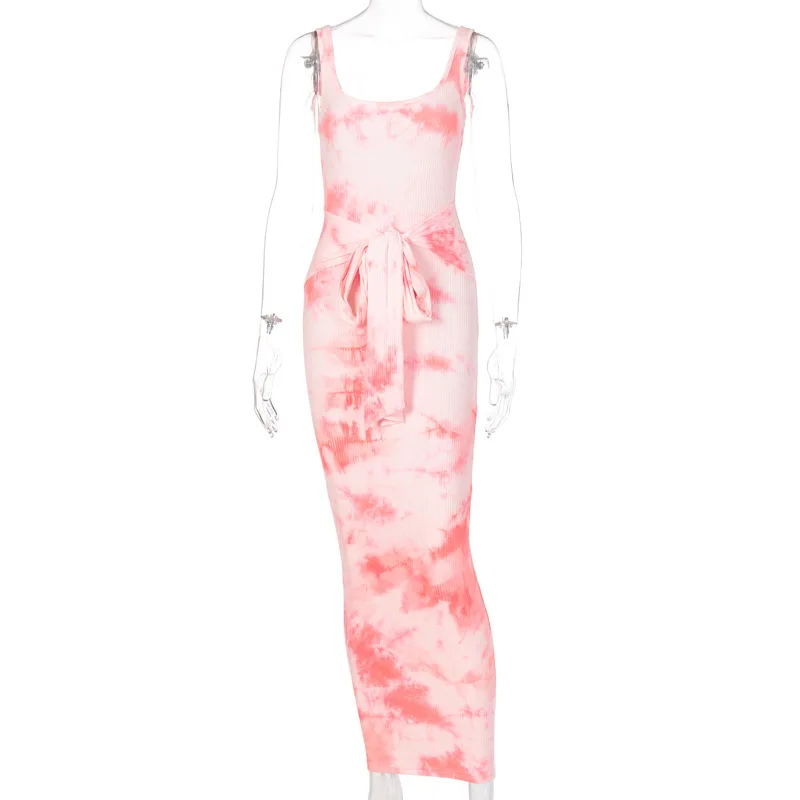 

2020 Summer Mid-Waist Dress Fashion Tie-Dye Printed Lace-up Sleeveless Dungaree Dress European and American Women's Clothing