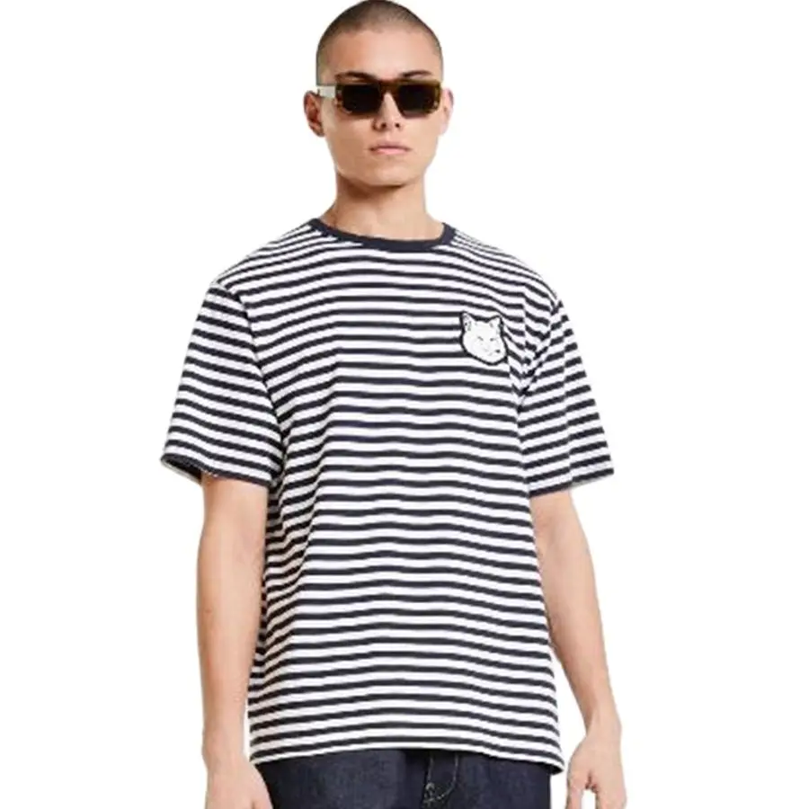 21 summer new style casual refreshing black white stripes embroidered fox head O neck versatile lovers short sleeve T-shirt