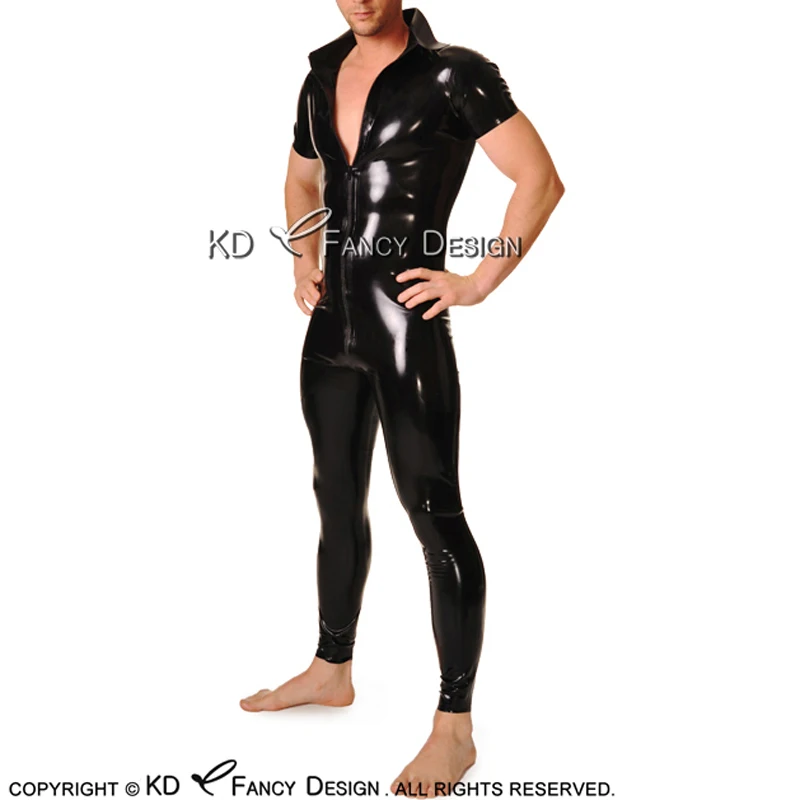 

Black Sexy Latex Catsuit With Short Sleeves Front Zipper Turn Down Collar Rubber Bodysuit Overall Zentai Body Suit LTY-0251