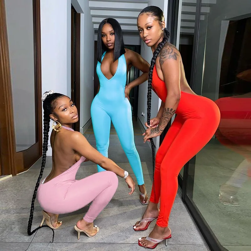 

Women Sexy Deep V-Neck Backless Jumpsuits Lady Summer Fall Casual Solid Sleeveless Playsuits Girls Clubwear Streetwear
