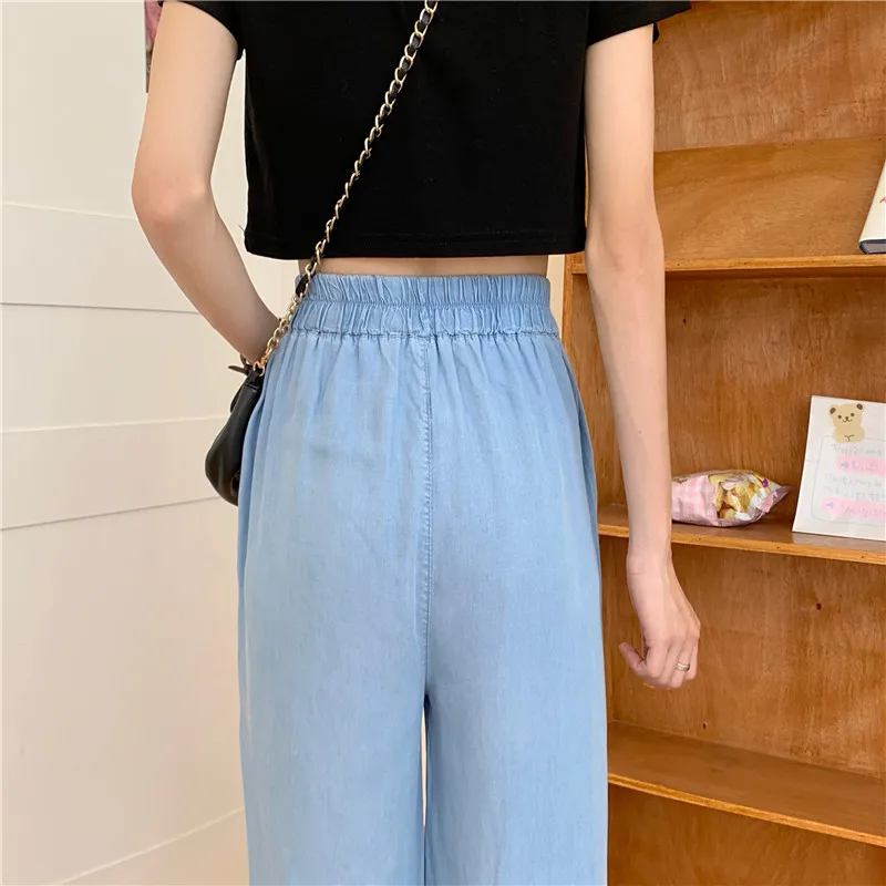 

Jeans Women Elastic Waist with Single Button Stretchy Pockets Loose Trendy Chic Full Length Wide Leg Trousers Womens Leisure New