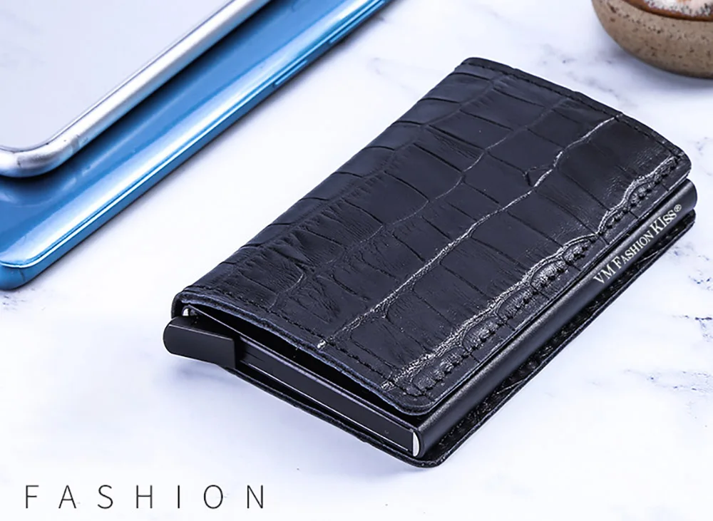 VM FASHION KISS RFID Genuine Leather Minimalist Wallet DIY Metal Aluminum Safe Purse Credit Id Business Card Holder Cardholder