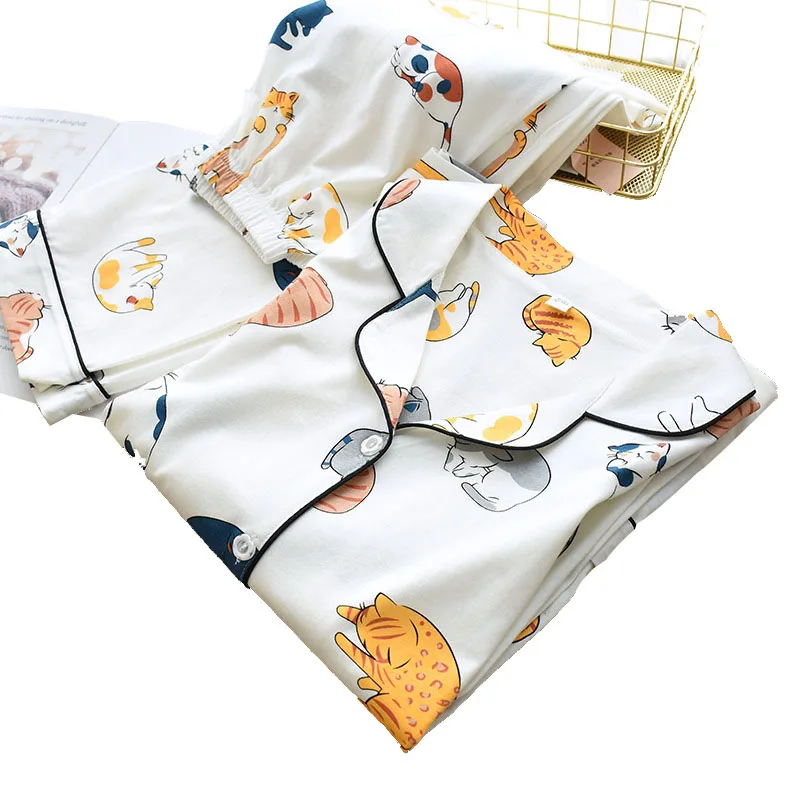 

100% Cotton Pajamas For Women 2021 Cute Cat Print Cartoon Home Clothes 2Pcs Set Sleepwear Female Tops+Pants Nighties Pijama Suit