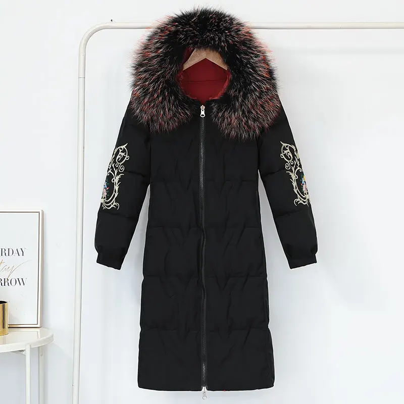 

Новинка 2020, Длинная зимняя парка с капюшоном с вышивкой, женская теплая Толстая двухсторонняя одежда, парка с меховым воротником, женское офисное пальто