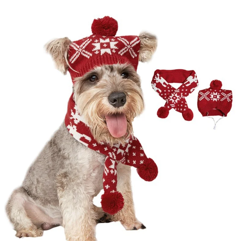 

Зимняя теплая вязаная шапка + шарф-воротник Рождественская шапка для собак щенков Тедди костюм Рождественская одежда костюм для собак Сант...