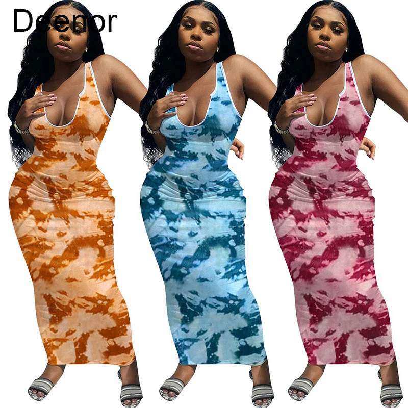 

Deenor Maxi Dress V-neck Tie Dyed Print Dress Sleeveless Bodycon Dress Women Ladies Wrap Tank Dress OL Style Clothes
