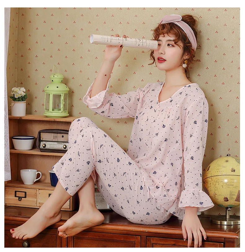 

Women's spring cotton printed pajamas long-sleeved trousers home service two-piece suit pijamas women home clothes sleepwear