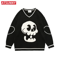 atsunny skull anime v neck sweater men campus style harajuku cartoon knitted sweater autumn and winter casual clothes pullover