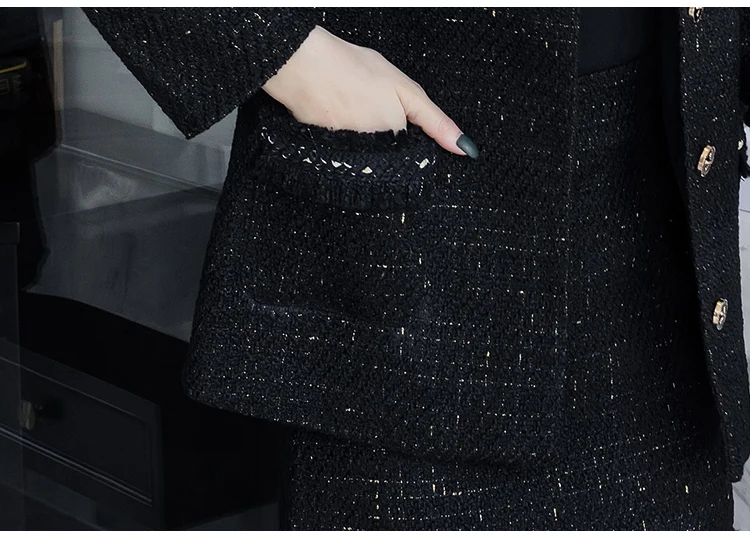 Black Tweed Blazer Skirt Two Piece Sets Autumn Winter New Ladies Tweed Jacket+ Skirt Coat Women Suits Clothes Wholesale