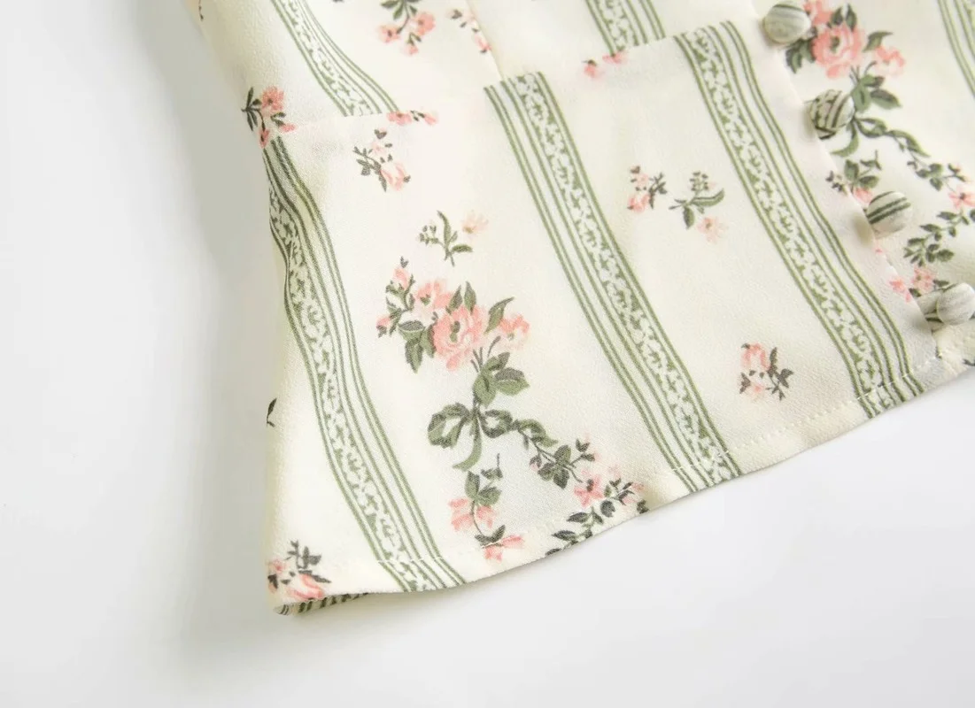 

Retro Temperament Square Collar Lantern Sleeve Striped Floral Short Top Print Button T-shirt Chic Long-sleeved Fashion Lady