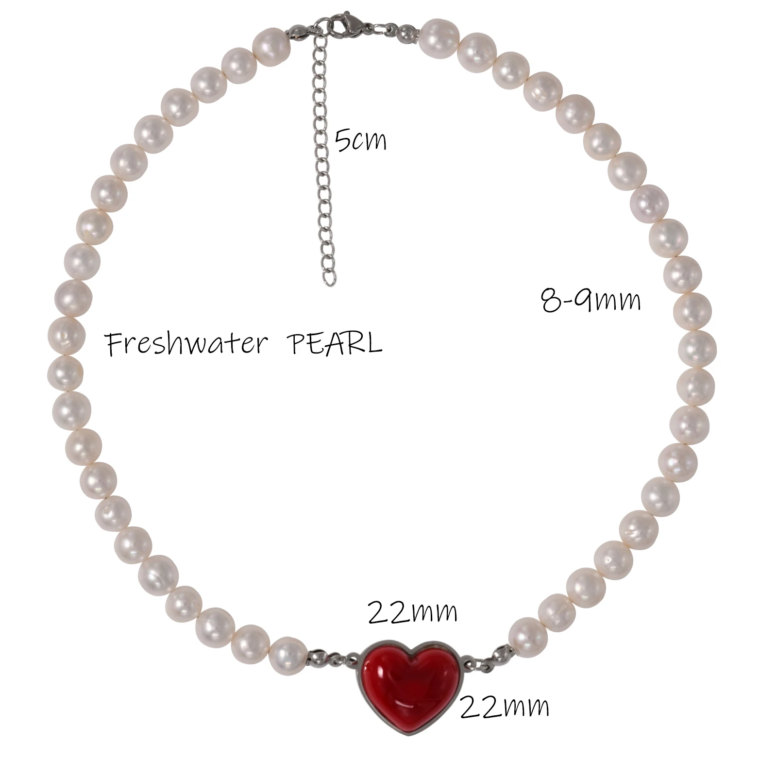 

Trendy Pearl Jewelry Stainless Steel Heart Charm Necklace Freshwater Pearl 8-9mm Nearly Round Beads Handmade Anti-Rusting Choker