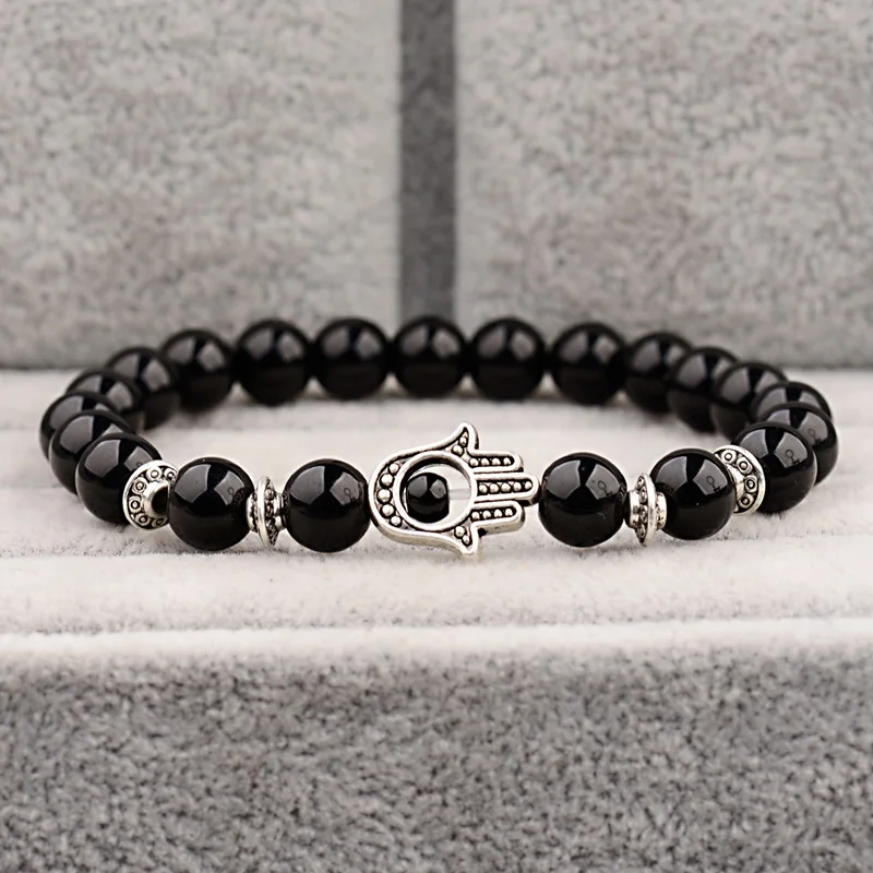 Браслеты из натурального черного камня ручной работы сплав эластичные бусины