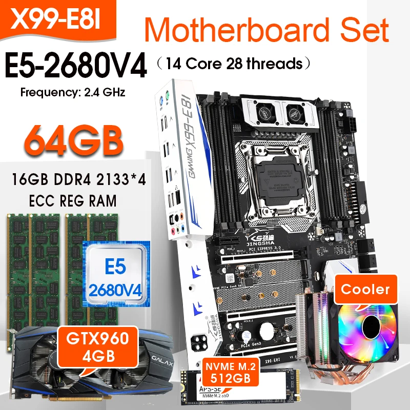 

X99-E8I Motherboard combos LGA2011-3 E5 2680V4 Processor 4pcs 16GB 2133 = 64GB ECC Memory with 512GB M.2 SSD GTX960 4GB +Cooler