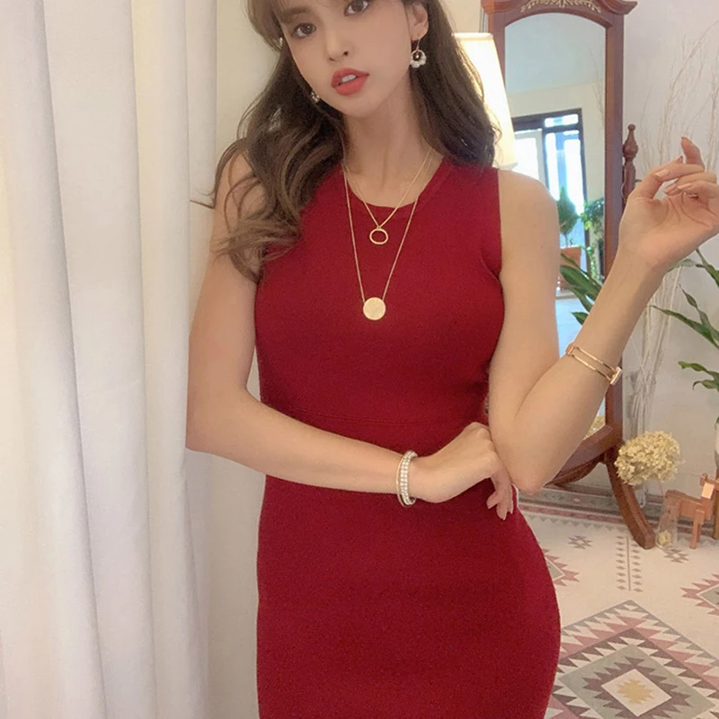 

Pullovers Knit O-neck Sleeveless Korea Women Night Club Party Dresses Skinny Slim Fit Elegant Ladies Bodycon Knee-length Dress