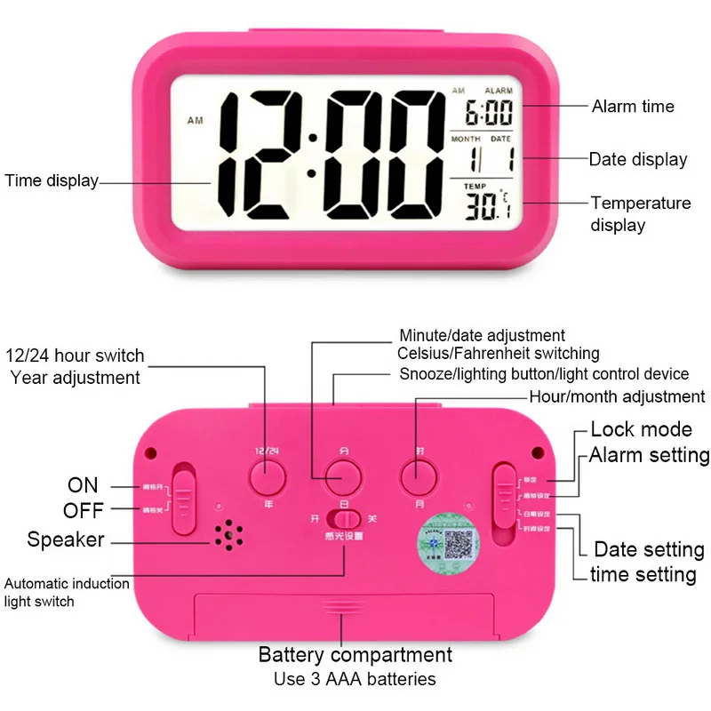 LED Digital Electronic Clock Temperature & Calendar Snooze Function Alarm Smart Mute Backlight Display |