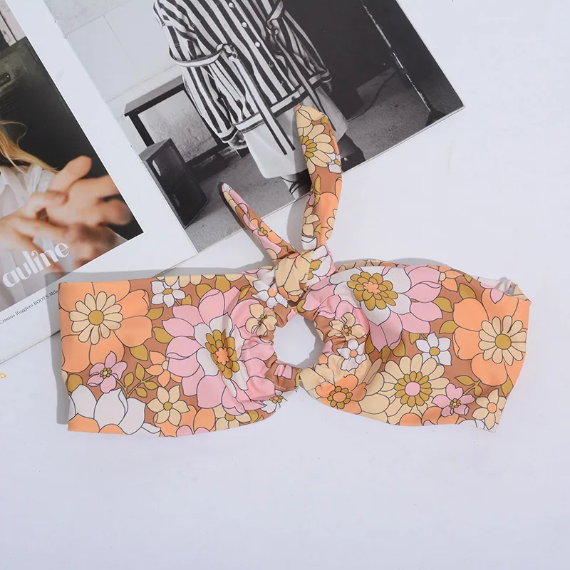 

2021 Sexy Bandeau Swimsuit women's Swimming Suit High Waist Bikini Set Brazilian Floral Print Swimwear Yellow Bathing Suit Women