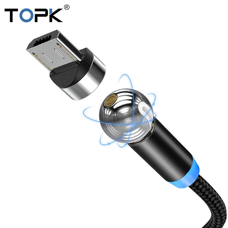 Магнитный кабель Micro USB Type C TOPK вращающийся на 360 градусов СВЕТОДИОДНЫЙ зарядный