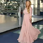 Вечернее платье розовое ТРАПЕЦИЕВИДНОЕ с длинным рукавом 2002 длина в пол шифоновое кружевное платье с аппликацией Великолепная длина в пол для женщин вечерние платья