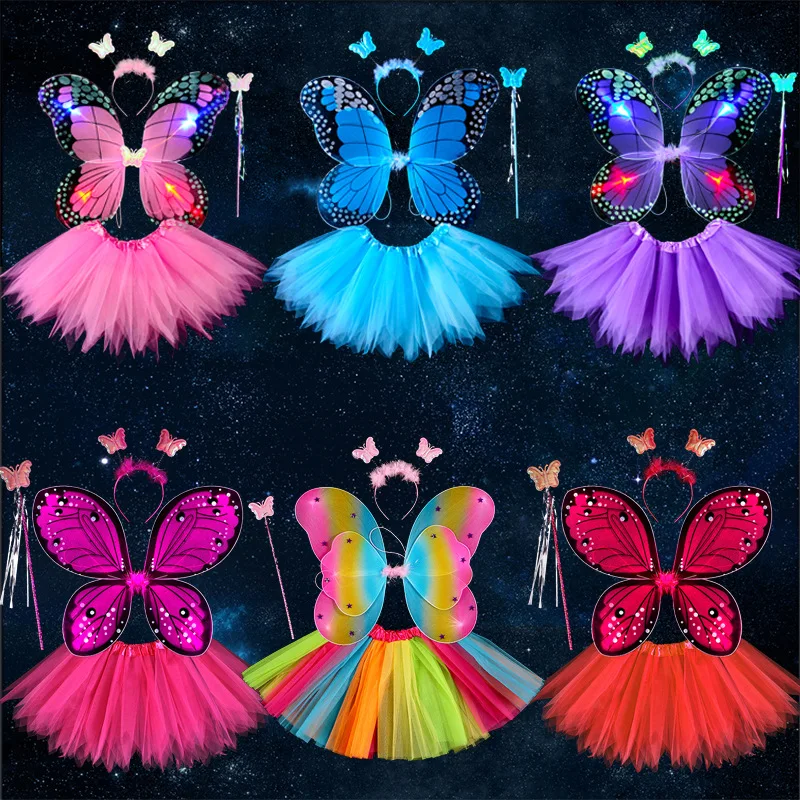 

4 pieces of girl fairy tale cosplay glitter wings butterfly wings magic wand tutu headband fairy stick dress princess costume
