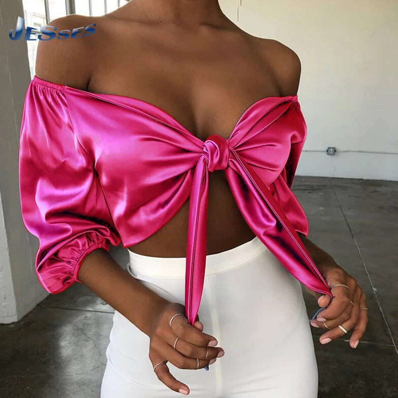 

Elegant Slash Neck Tee Sexy Off-shoulder 3/4 Sleeve Crop T Shirt Summer Bow Tie T-shirts Women Satin Party Top Backless Clothing