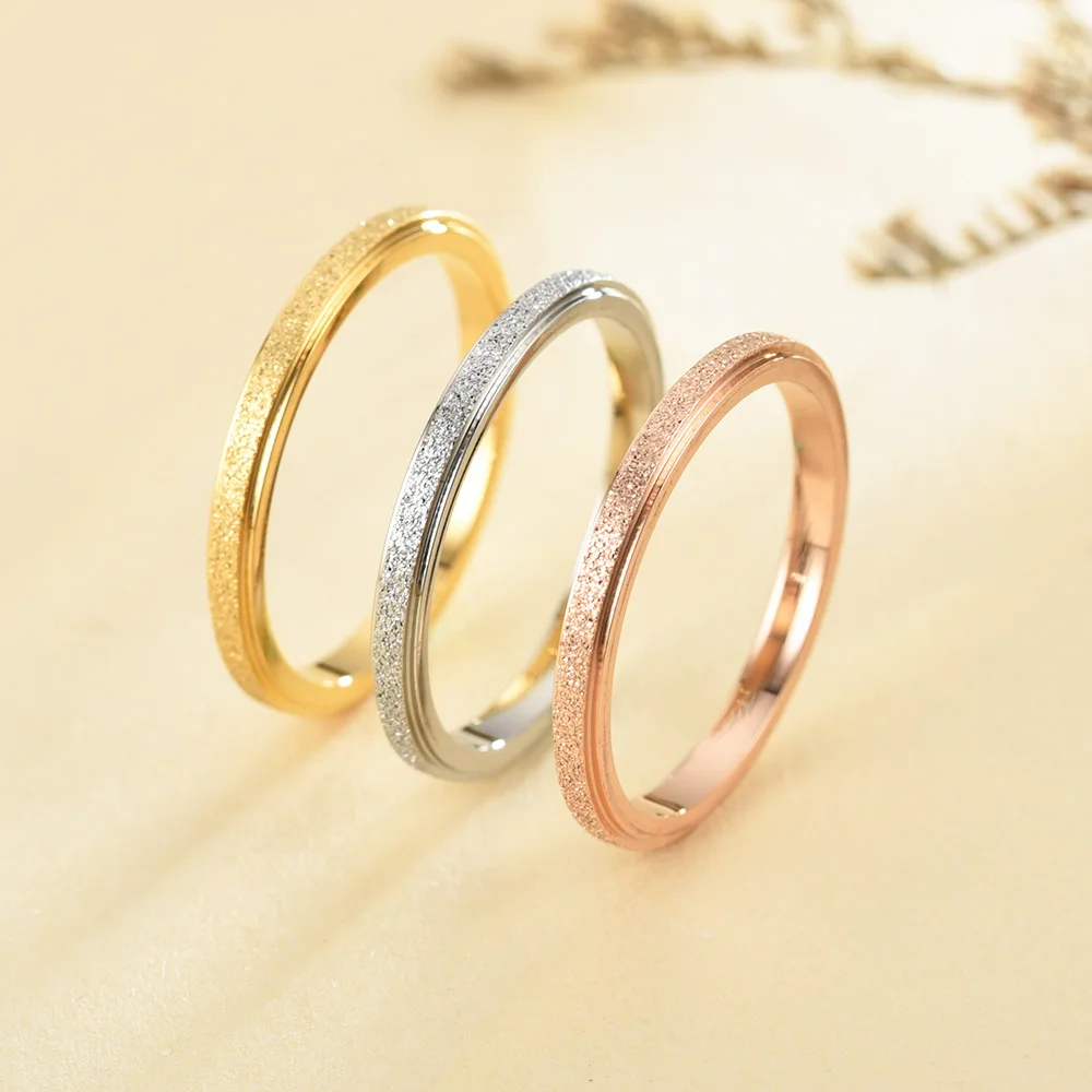 

Korean Fashion New 2mm Double Step Frosted Ring Women Rose Gold Pressed Sand Couple Titanium Steel Ring Birthday Jewelry Gift