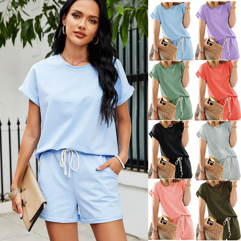 

2021 summer new casual fashion home service roll-sleeved solid color short-sleeved pants suit