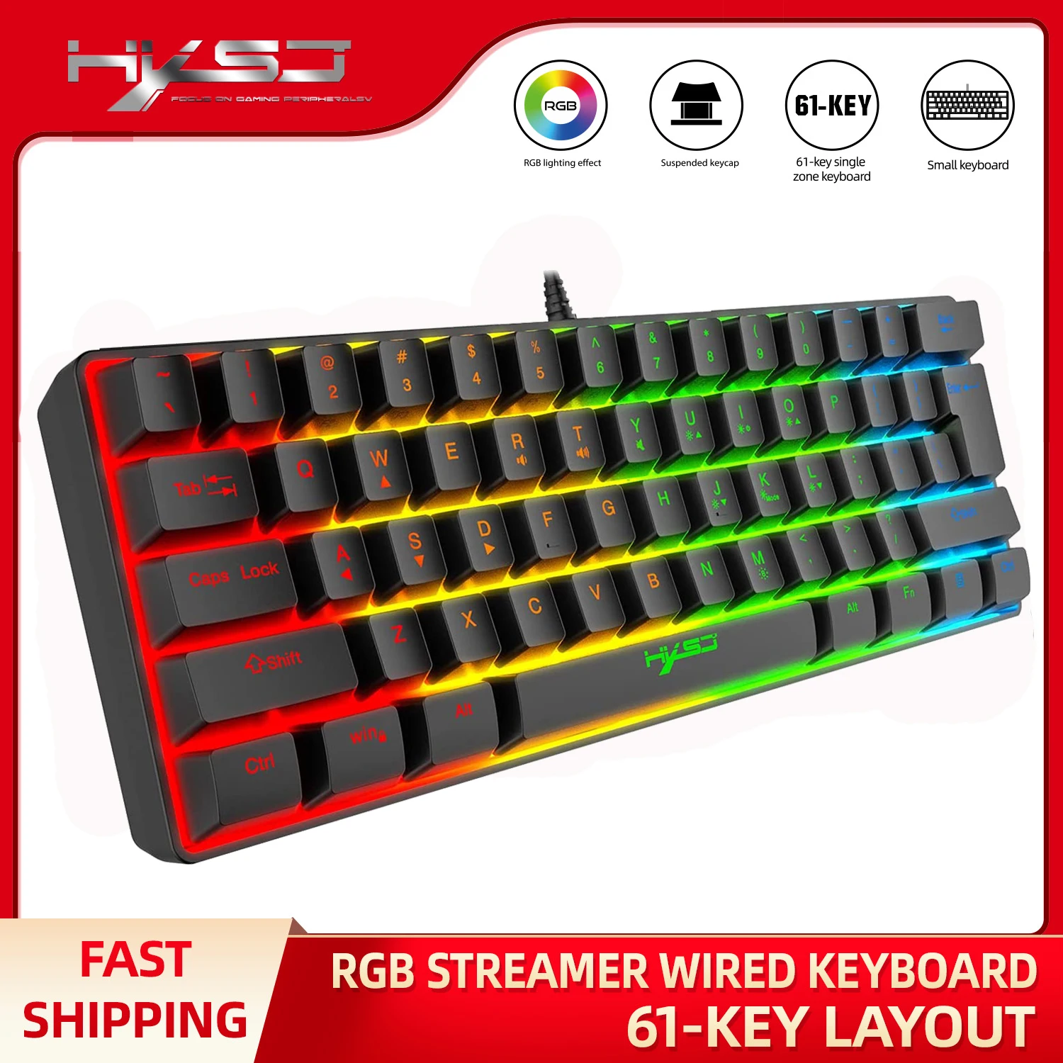 HXSJ Gaming Keyboard 61 Keys RGB Backlit 60% 60 Business Keyboard US Wired Wireless Bluetooth Mini Compact PC Gamer MAC PS4