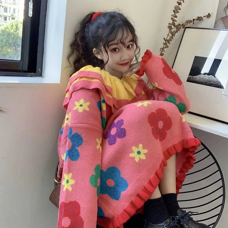 NiceMix sweater skirt loose knit flower pattern cute flounces doll collar girls spring and autumn winter | Женская одежда
