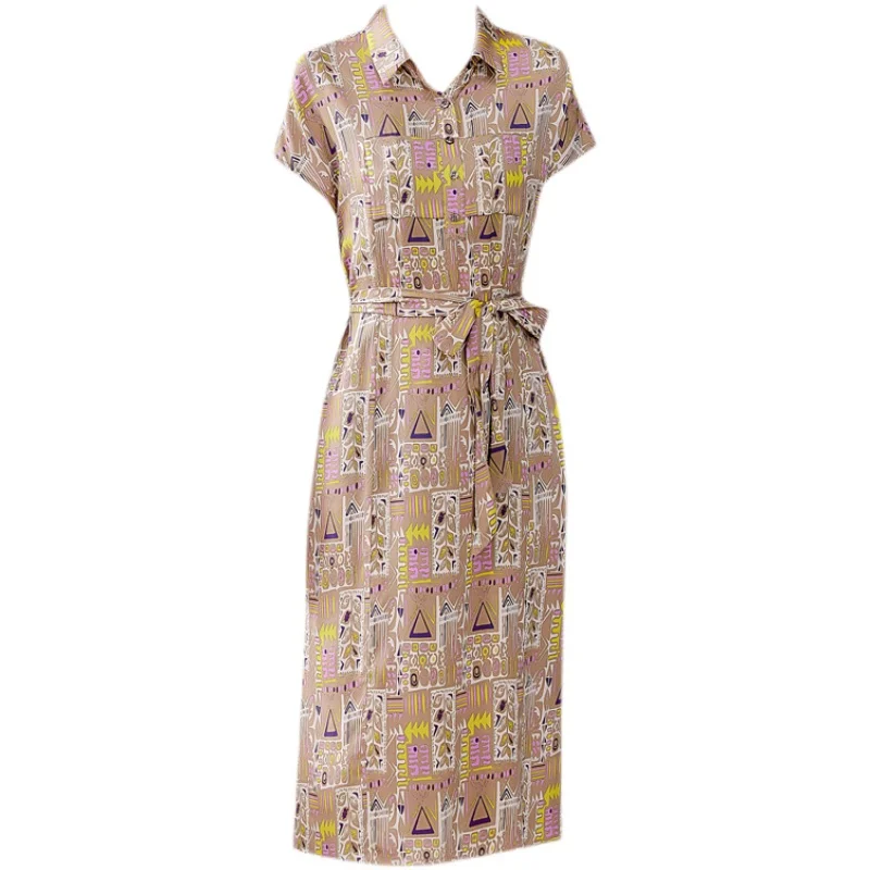 

Fashion Summer Dress Women Geometric Printed Silk Dresses High Waist Polo Neck Long Dresses Drawstring New Short Sleeve Dress OL