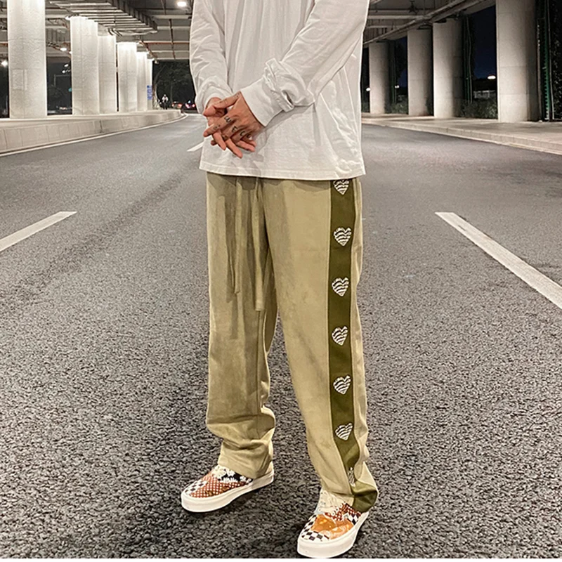

Hip Hop Suede Love Embroidered Letters Casual Pants Mens Straight Color Block Drawstring Loose Trousers High Street Track Pants