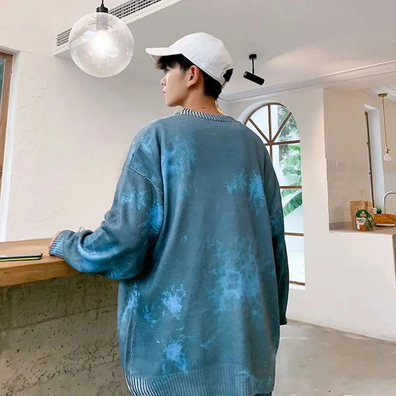 

Pullovers Men Tie Dye O-neck Long Sleeve Baggy Knitted Sweaters British Style Fashion Casual Handsome Harajuku Streetwear Soft