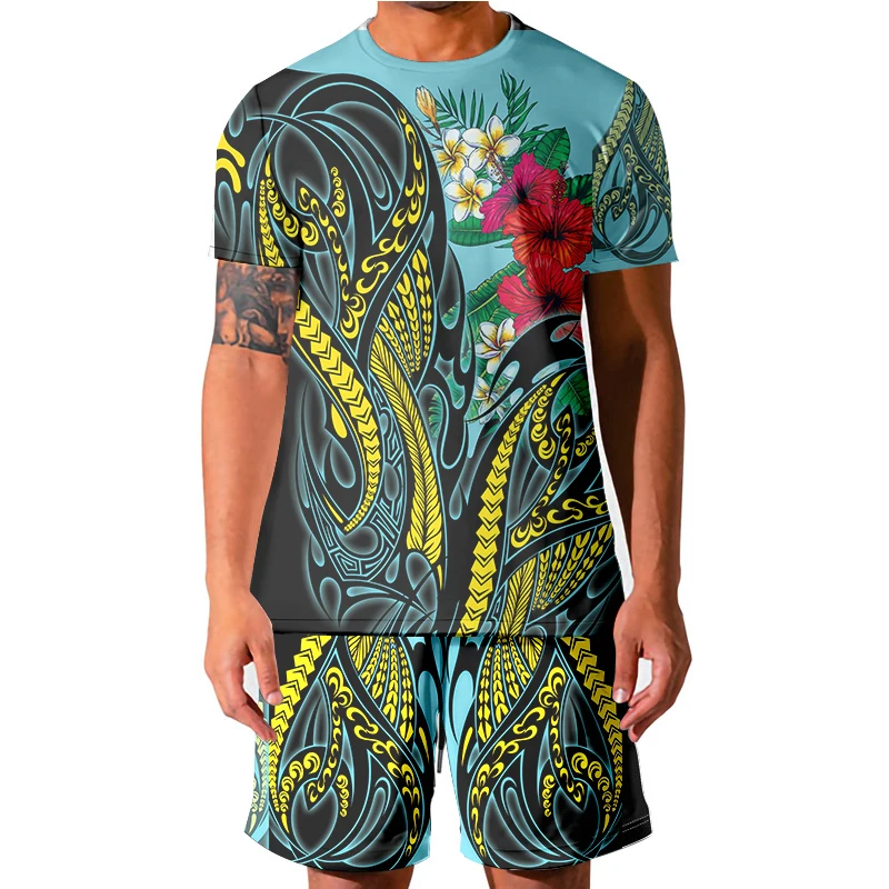 

2021 Summer Men Set Shirts And Shorts Lightweight Tahiti Polynesia Half Sleeve Knee-Length Short Oversize Suit Clothing Man