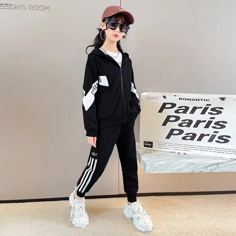 

Tracksuit for Girls Long-sleeve Spring and Autumn Leisure Sports Suit Loose Korean Black Gray Cute Cotton Clothes Two-piece Suit