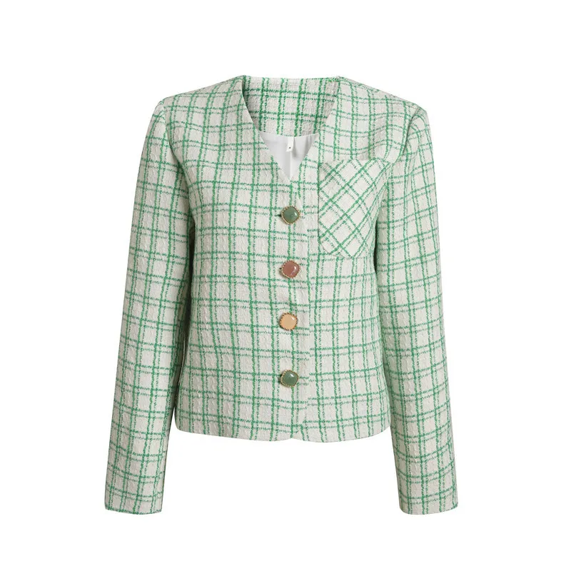 

Gezelligheid 2021 Autumn Winter Runway Fashion Elegant Casual Green Plaid Luxury Short Coat Female Single Breasted Jacket Women