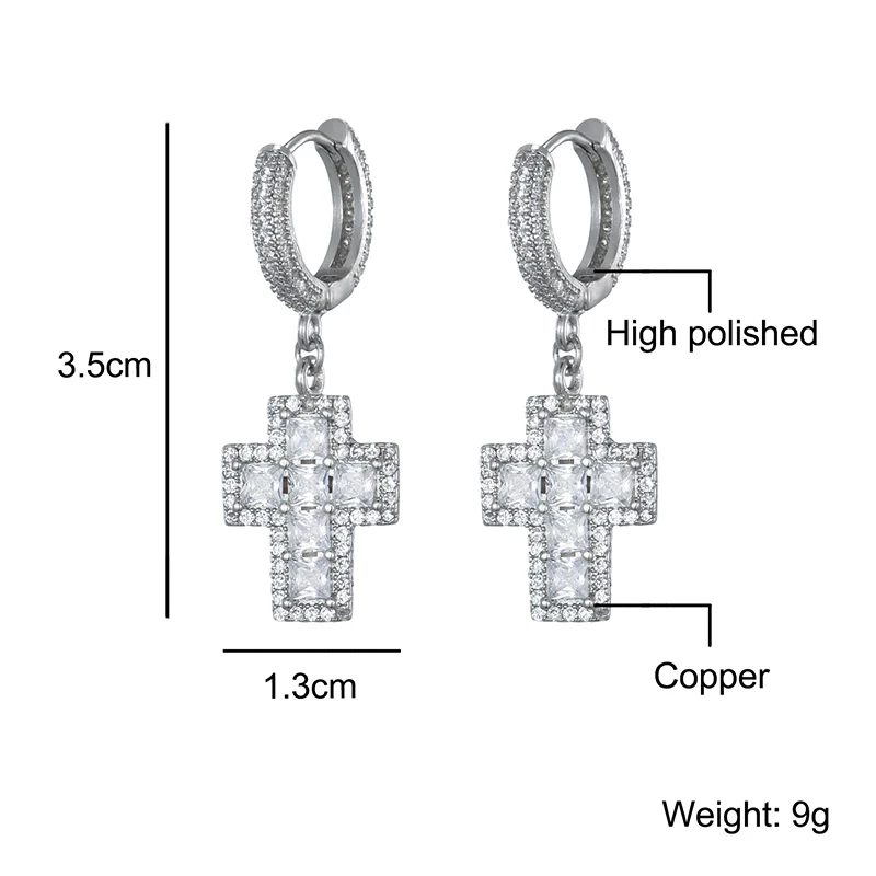 Хип-хоп 1 пара ледяной багет циркон крест свисающие Висячие серьги-гвоздики