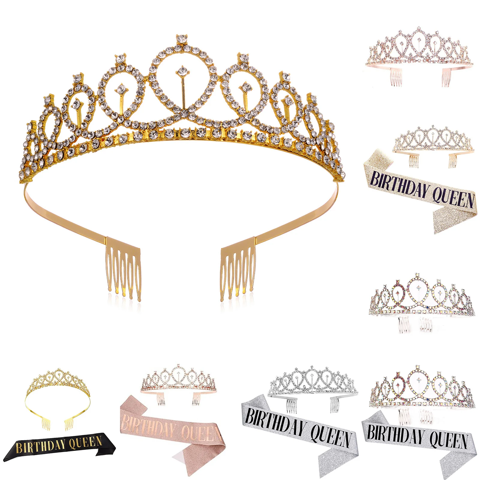 

Bling Rhinestone Crystal Birthday Crown Girl Women 21 30 40 50th Happy Birthday Satin Sashes Favor Anniversary Supplies Happy